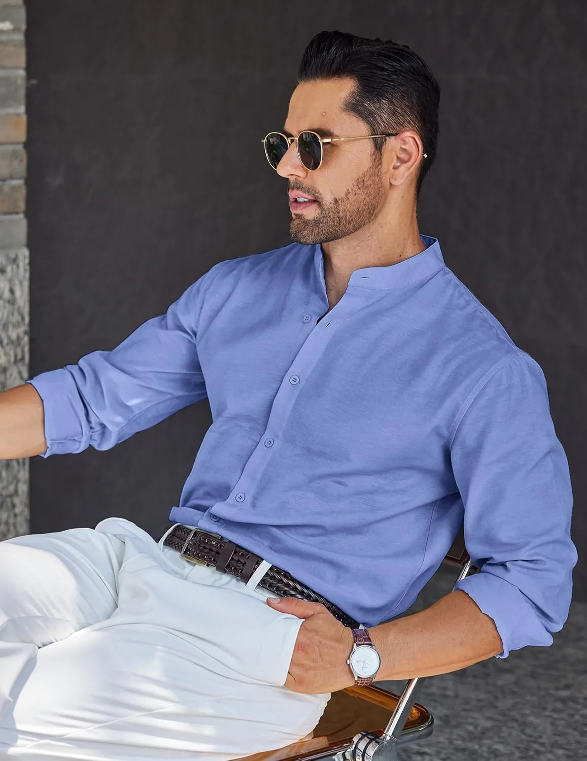 COOFANDY Men's Long Sleeve Oxford Dress Shirts Chambray Button Down Shirt Casual Band Collar Shirts