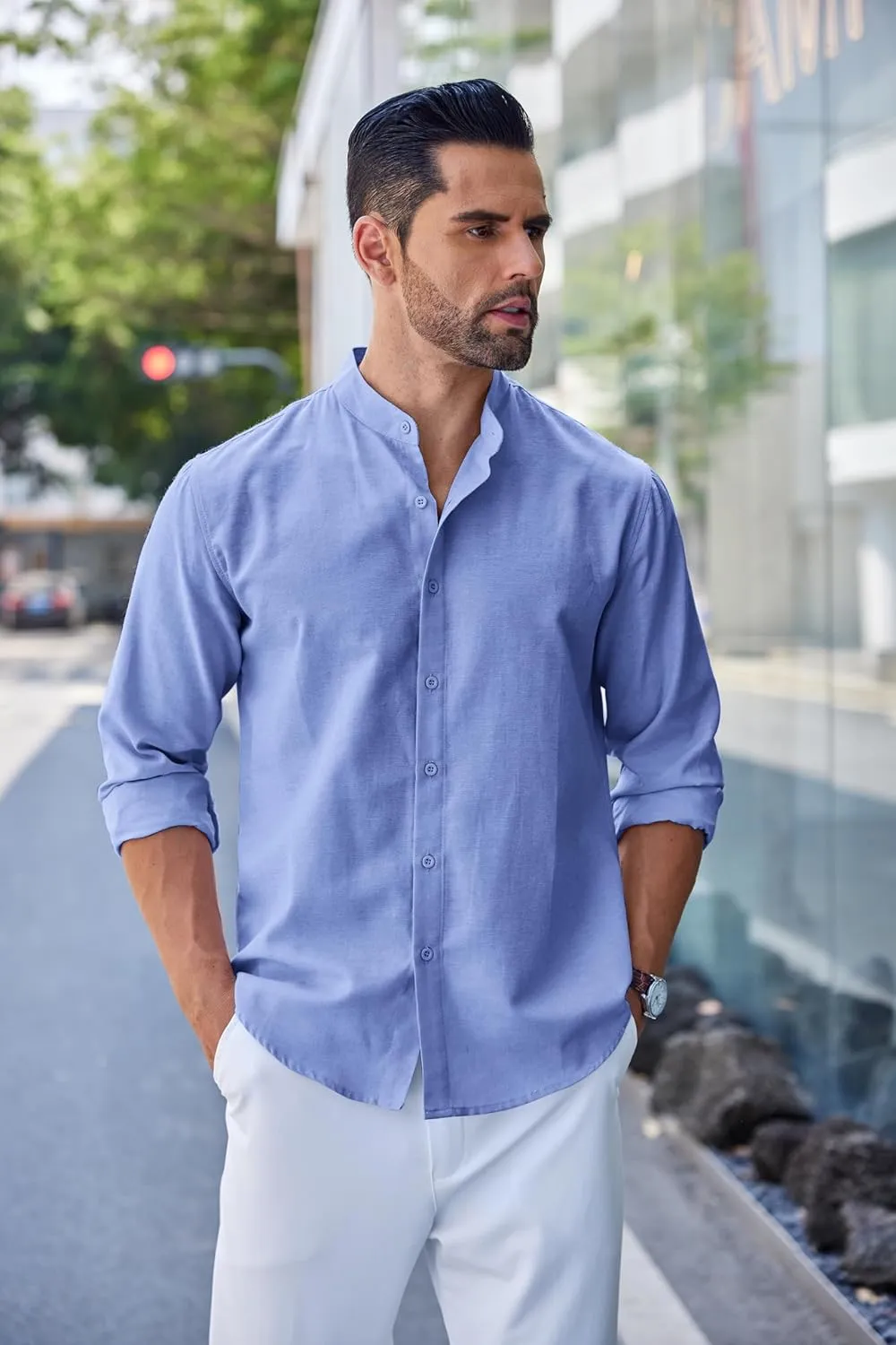 COOFANDY Men's Long Sleeve Oxford Dress Shirts Chambray Button Down Shirt Casual Band Collar Shirts