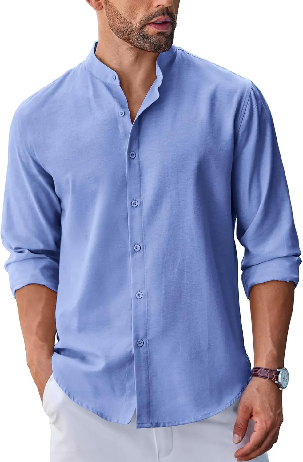 COOFANDY Men's Long Sleeve Oxford Dress Shirts Chambray Button Down Shirt Casual Band Collar Shirts