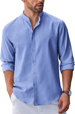 COOFANDY Men's Long Sleeve Oxford Dress Shirts Chambray Button Down Shirt Casual Band Collar Shirts