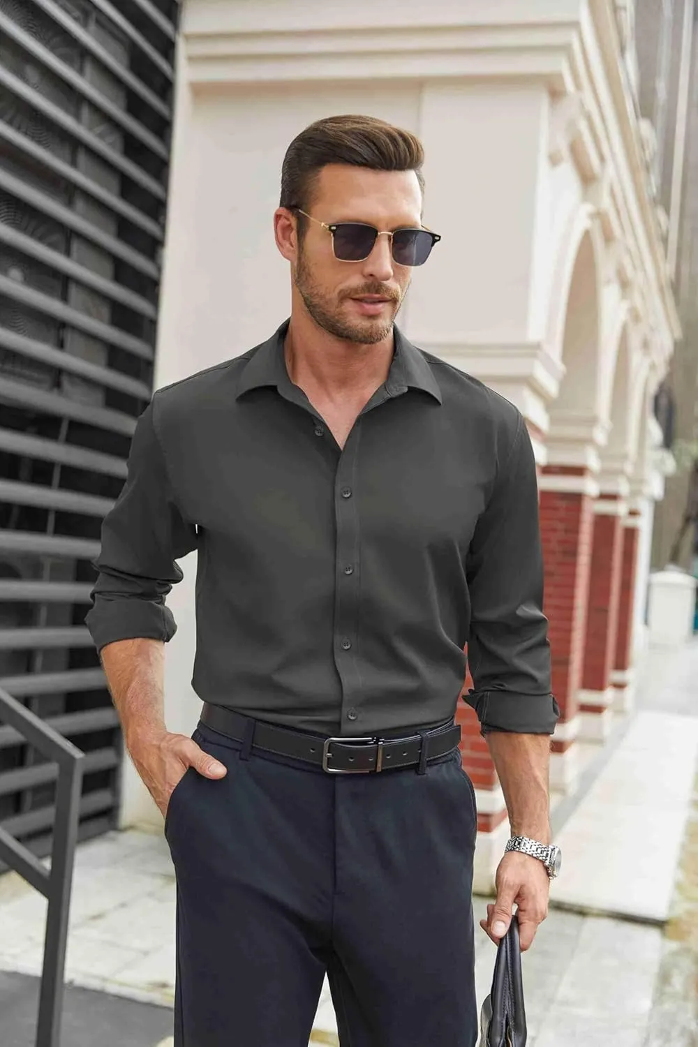 COOFANDY Mens Stretch Dress Shirts Long Sleeve Button Down Shirt Regular Fit Formal Business Shirts