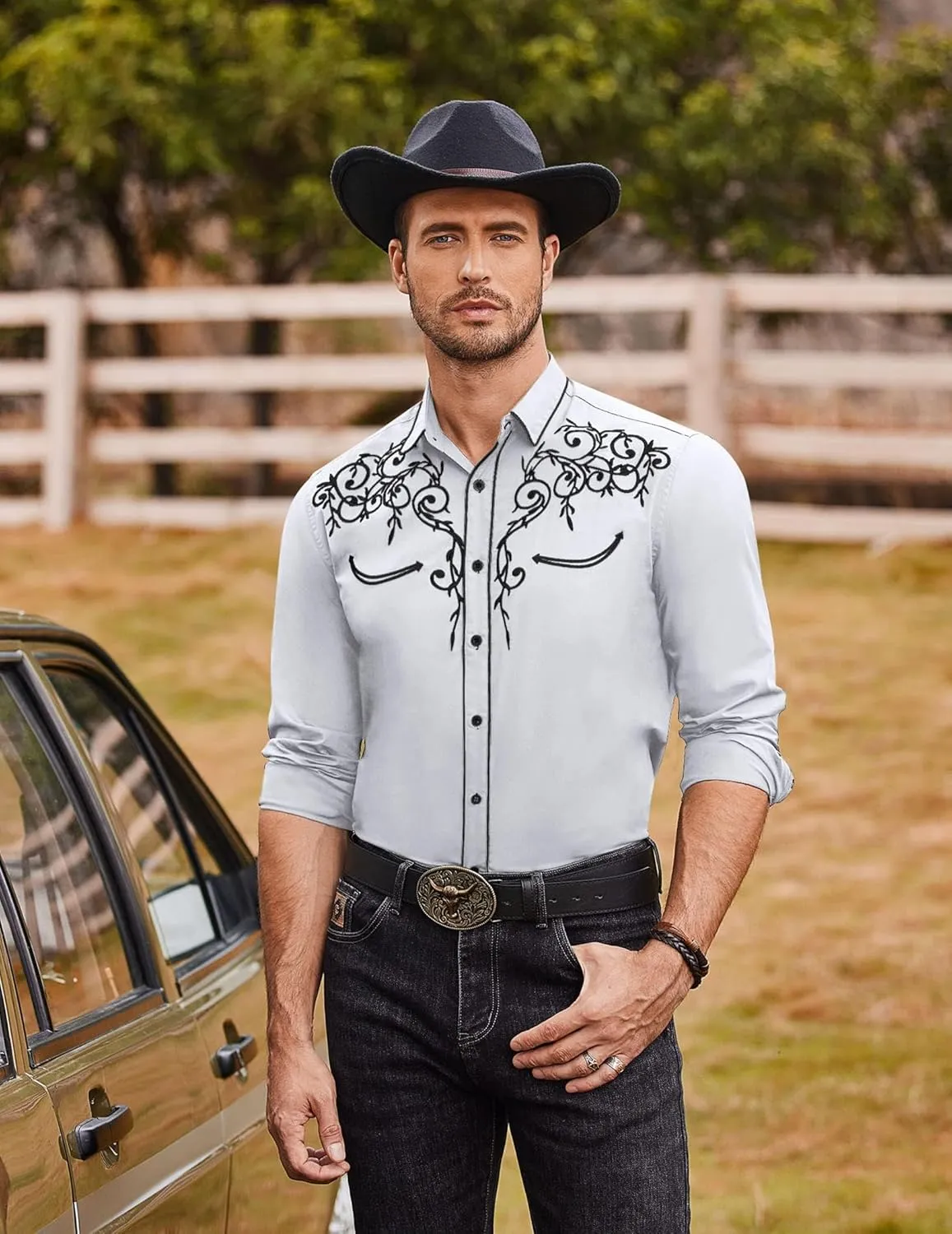 COOFANDY Men's Western Cowboy Shirts Long Sleeve Embroidered Shirt Slim Fit Casual Button Down Shirts
