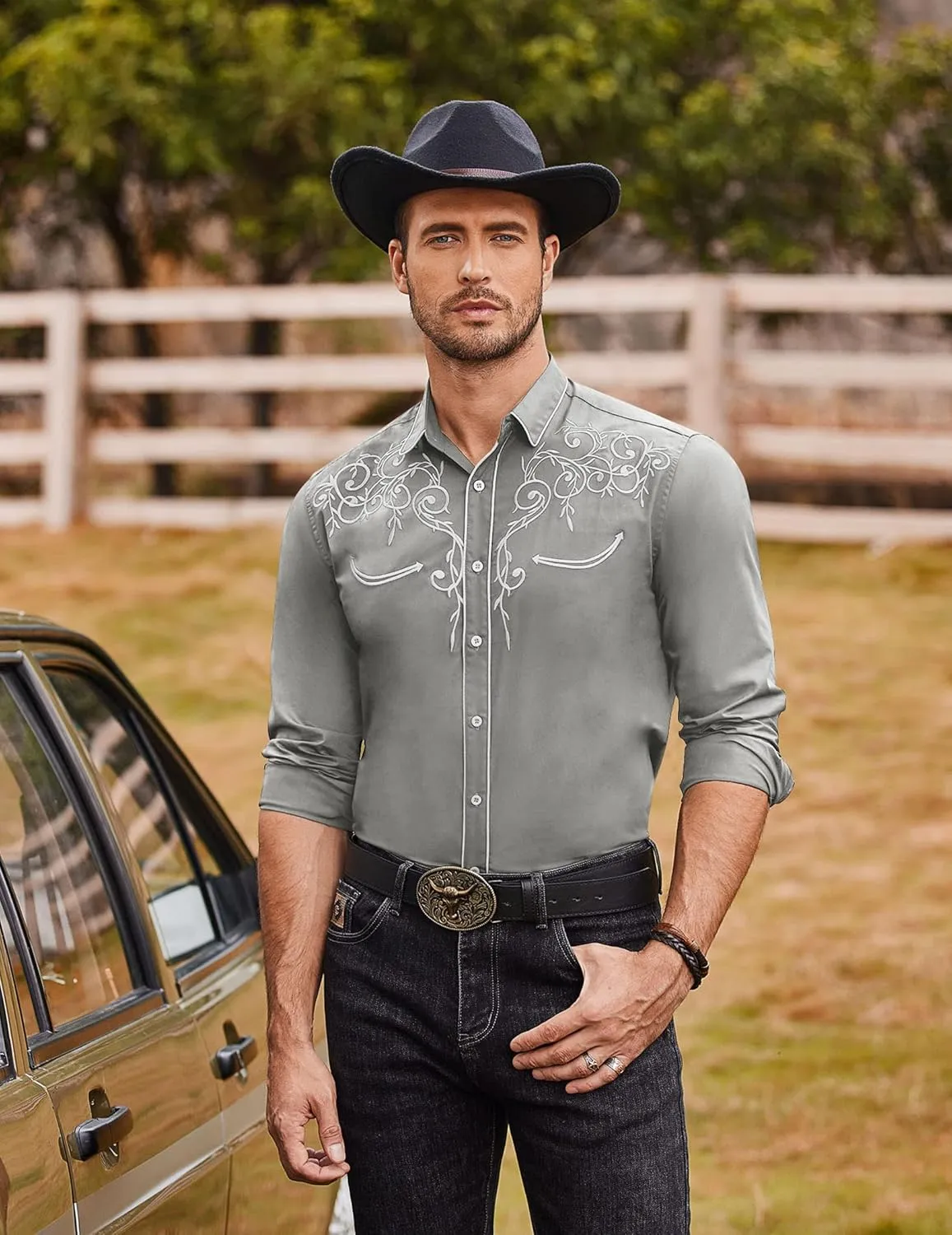 COOFANDY Men's Western Cowboy Shirts Long Sleeve Embroidered Shirt Slim Fit Casual Button Down Shirts