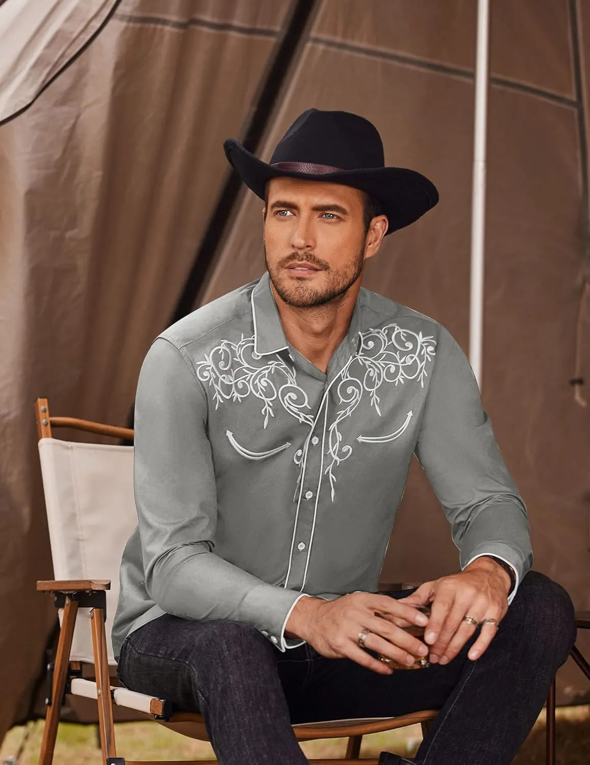 COOFANDY Men's Western Cowboy Shirts Long Sleeve Embroidered Shirt Slim Fit Casual Button Down Shirts