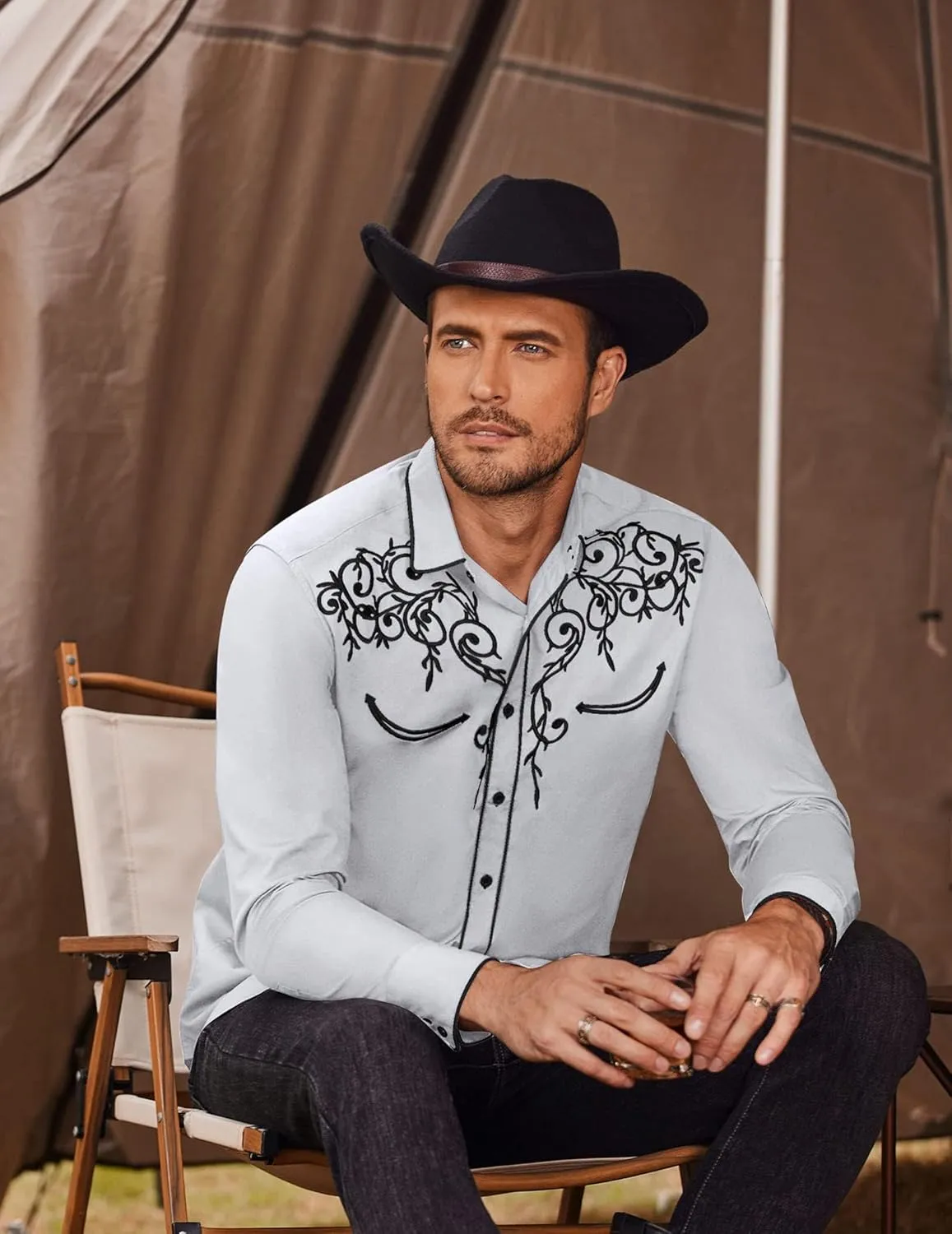 COOFANDY Men's Western Cowboy Shirts Long Sleeve Embroidered Shirt Slim Fit Casual Button Down Shirts