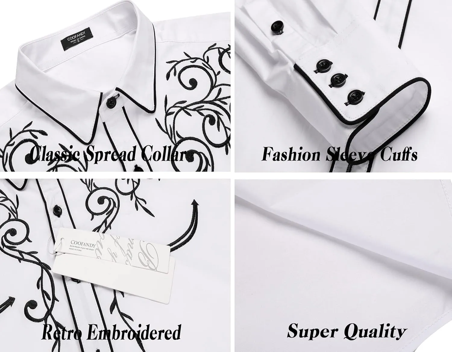 COOFANDY Men's Western Cowboy Shirts Long Sleeve Embroidered Shirt Slim Fit Casual Button Down Shirts