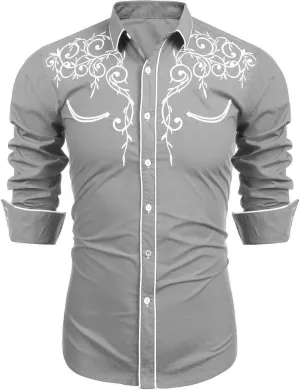 COOFANDY Men's Western Cowboy Shirts Long Sleeve Embroidered Shirt Slim Fit Casual Button Down Shirts