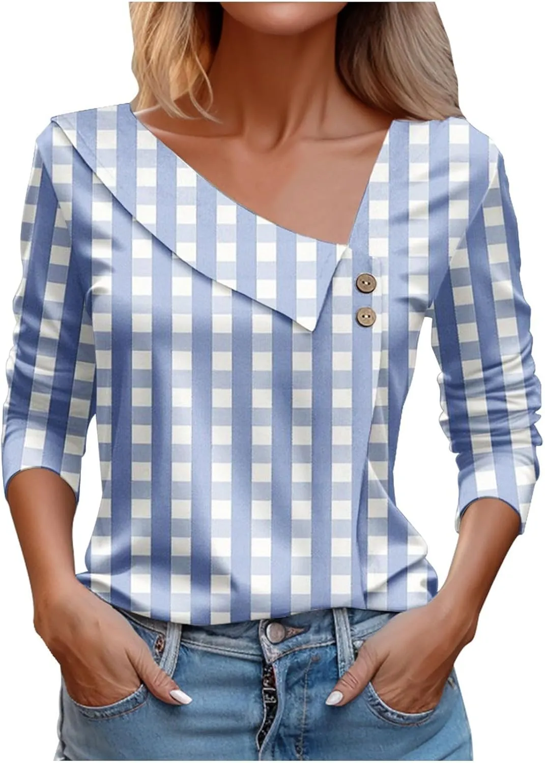 COTECRAM Summer Tops for Women 2025 Trendy Casual Long/Short Sleeve Asymmetric V Neck Button Blouses Dressy Western Shirts