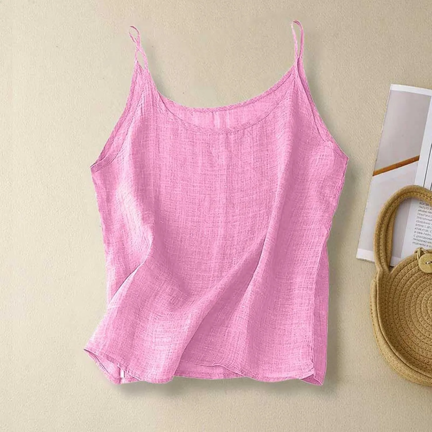 Cotton Linen Camisole Tops for Women 2025 Spaghetti Strap Loose Fit Tank Top Cami Summer Casual Sleeveless Shirts
