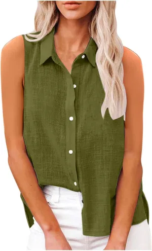 Cotton Linen Shirts for Women Sleeveless Collared Tops Oversized Button Up Blouses Work Shirts Casual Summer Tshirt