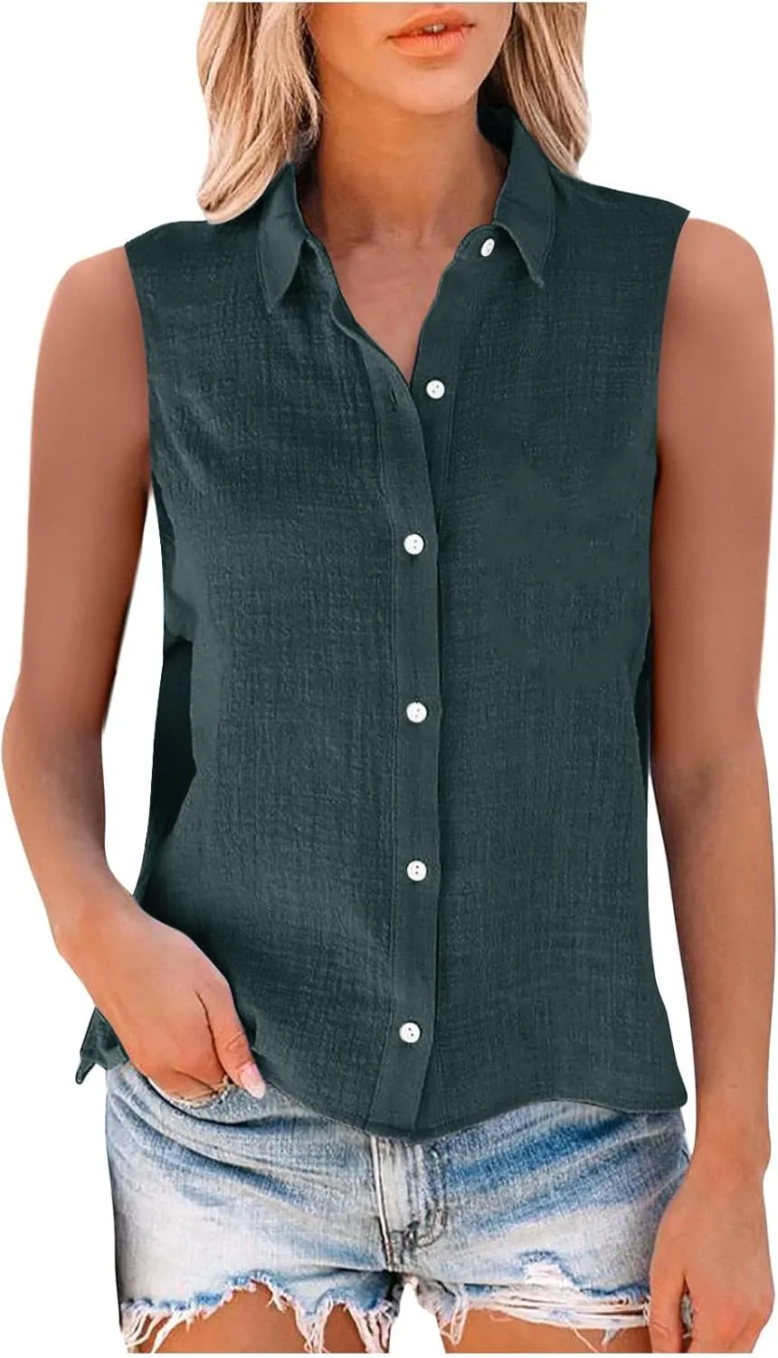 Cotton Linen Shirts for Women Sleeveless Collared Tops Oversized Button Up Blouses Work Shirts Casual Summer Tshirt