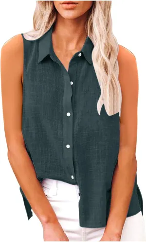 Cotton Linen Shirts for Women Sleeveless Collared Tops Oversized Button Up Blouses Work Shirts Casual Summer Tshirt