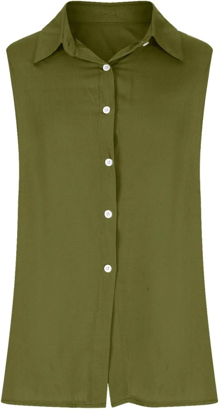Cotton Linen Shirts for Women Sleeveless Collared Tops Oversized Button Up Blouses Work Shirts Casual Summer Tshirt