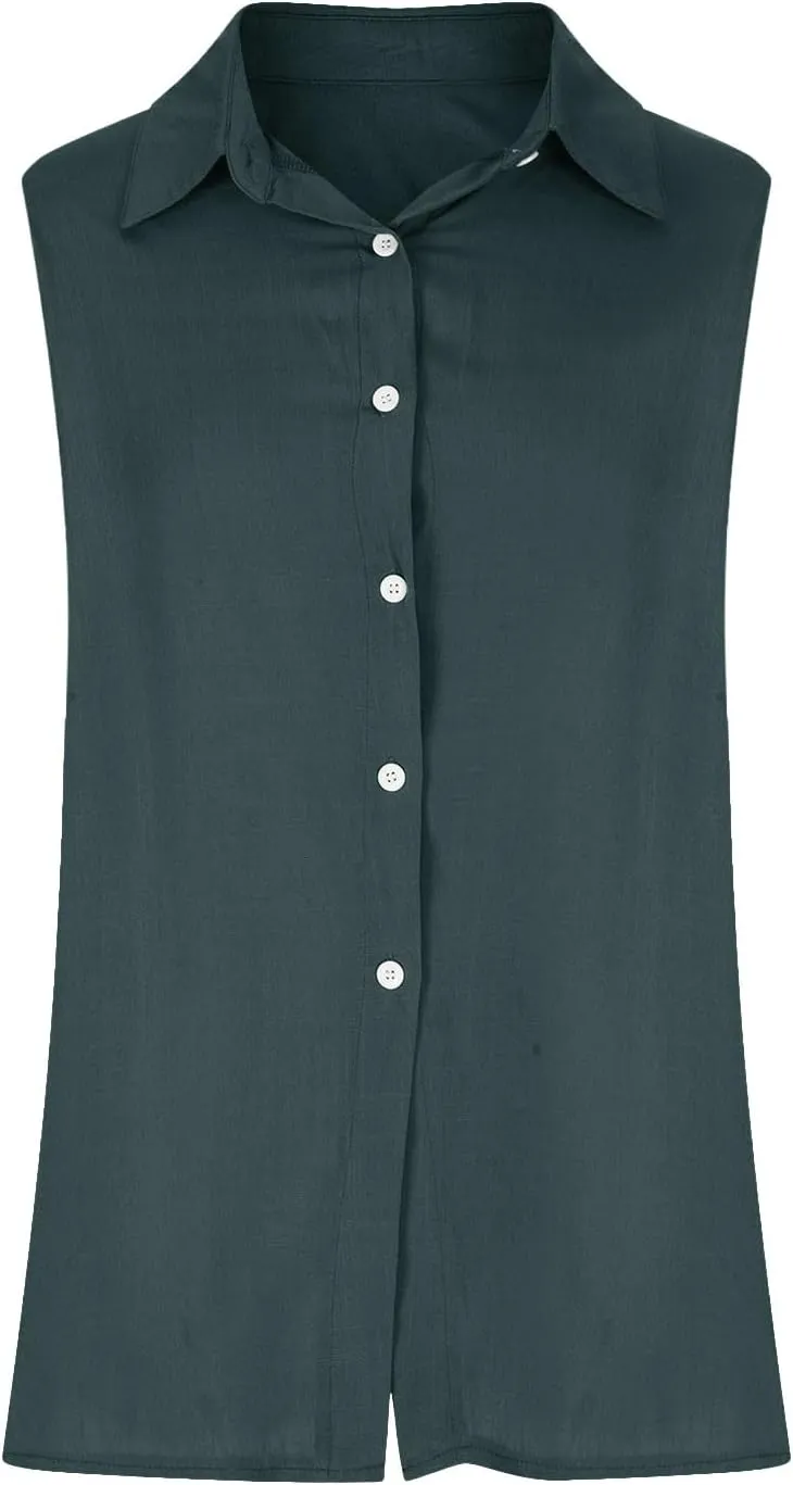 Cotton Linen Shirts for Women Sleeveless Collared Tops Oversized Button Up Blouses Work Shirts Casual Summer Tshirt