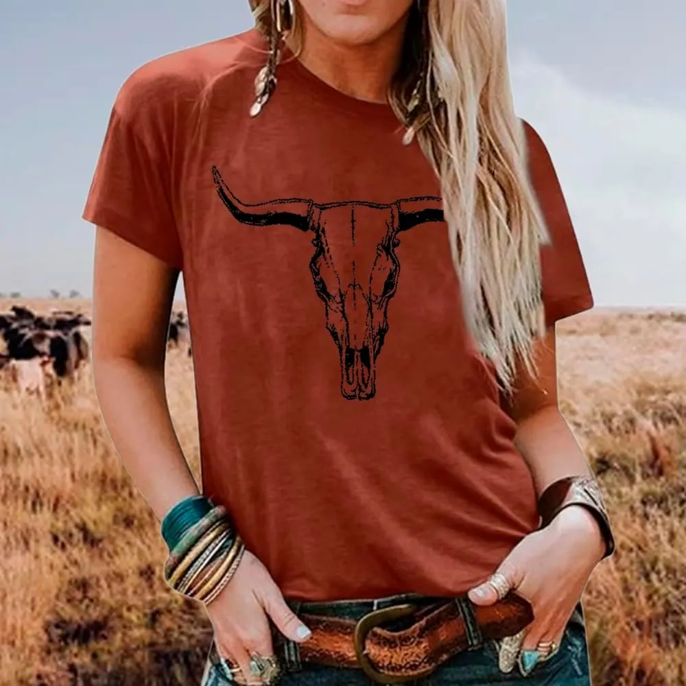 Cow Skull Shirts Women Western Cowgirl Shirts Boho Bull Skull T Shirt Vintage Rodeo Graphic Tee Tops