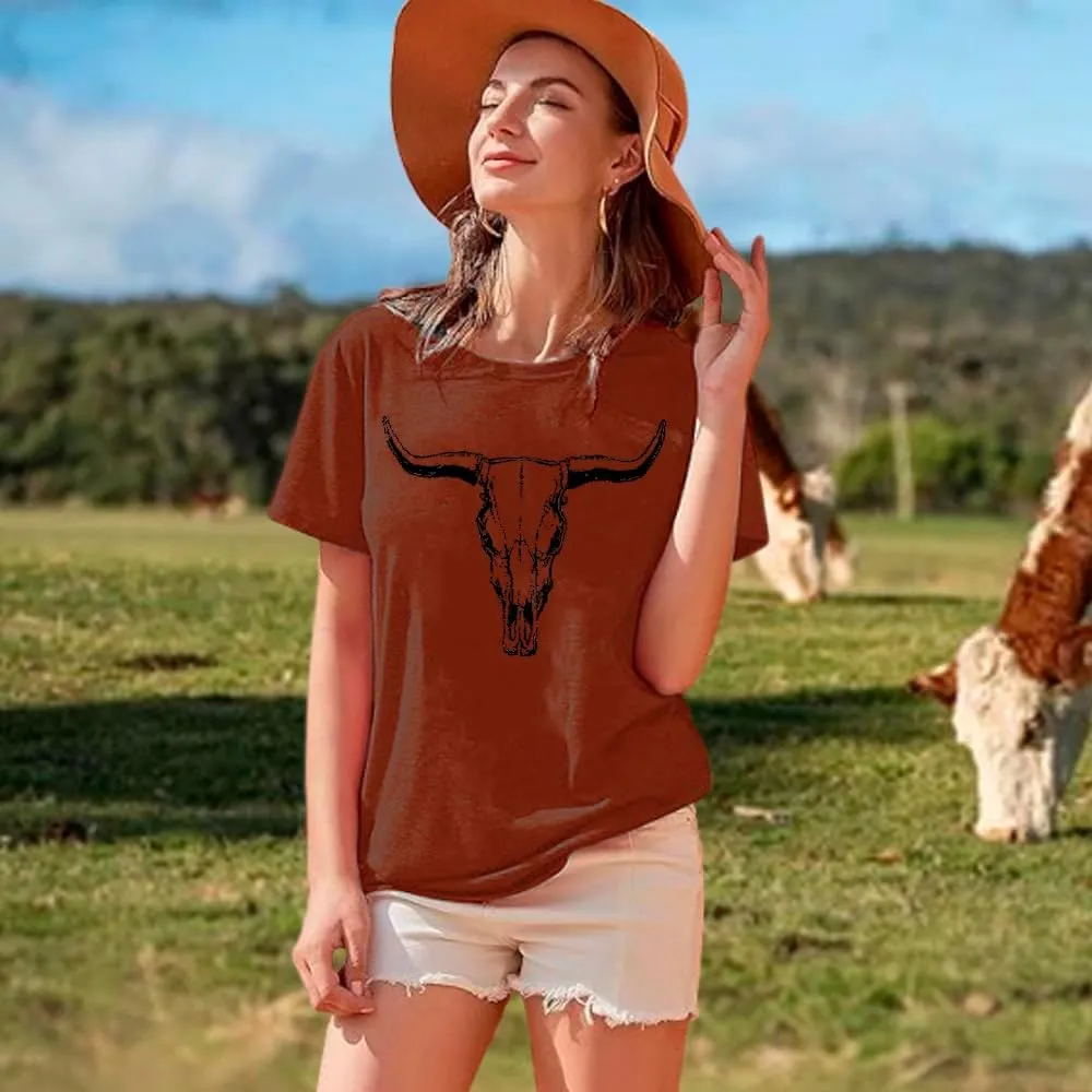 Cow Skull Shirts Women Western Cowgirl Shirts Boho Bull Skull T Shirt Vintage Rodeo Graphic Tee Tops