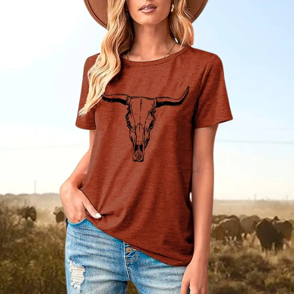 Cow Skull Shirts Women Western Cowgirl Shirts Boho Bull Skull T Shirt Vintage Rodeo Graphic Tee Tops
