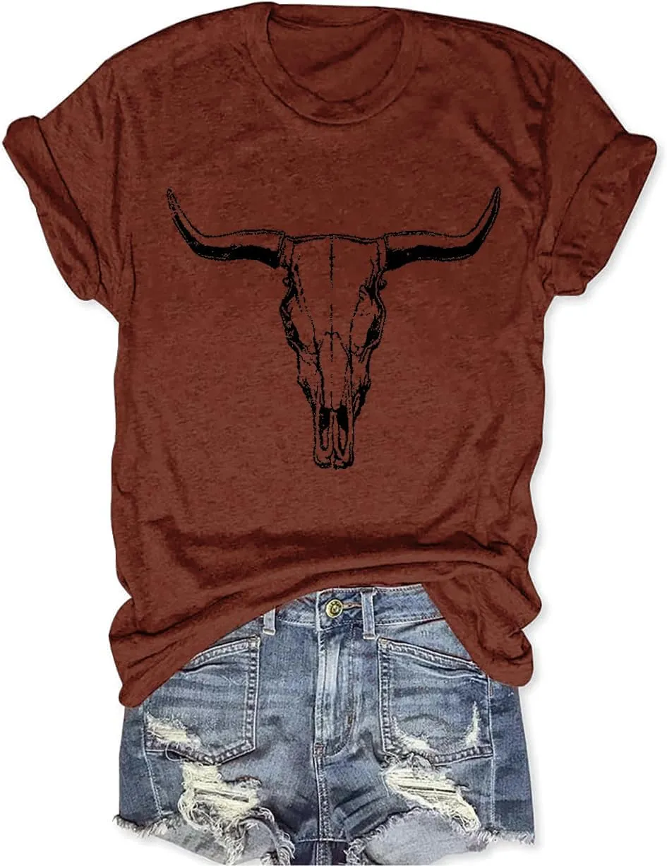 Cow Skull Shirts Women Western Cowgirl Shirts Boho Bull Skull T Shirt Vintage Rodeo Graphic Tee Tops