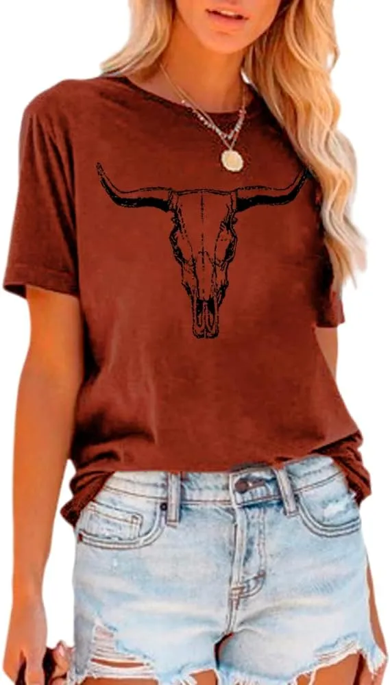 Cow Skull Shirts Women Western Cowgirl Shirts Boho Bull Skull T Shirt Vintage Rodeo Graphic Tee Tops