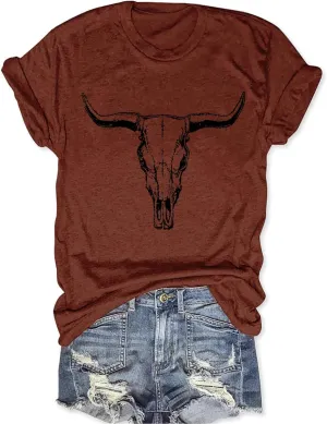 Cow Skull Shirts Women Western Cowgirl Shirts Boho Bull Skull T Shirt Vintage Rodeo Graphic Tee Tops