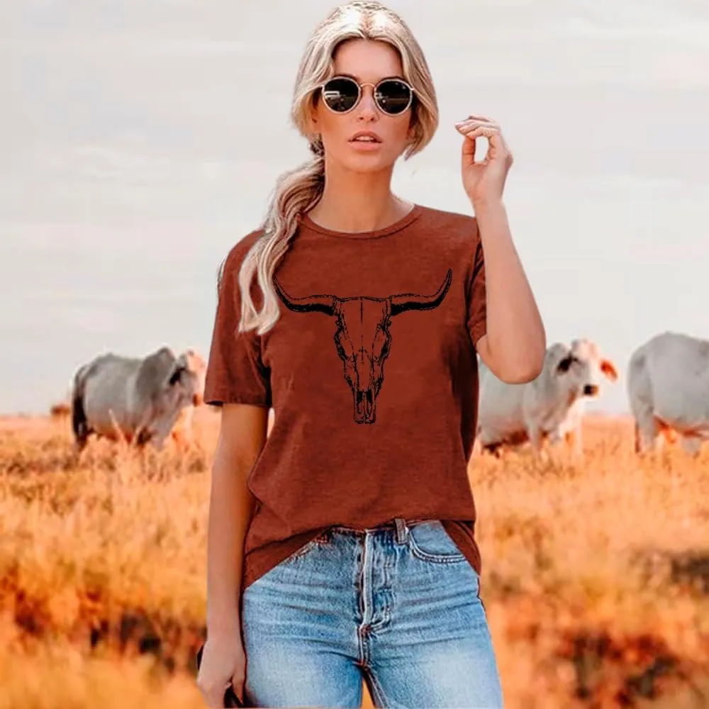 Cow Skull Shirts Women Western Cowgirl Shirts Boho Bull Skull T Shirt Vintage Rodeo Graphic Tee Tops