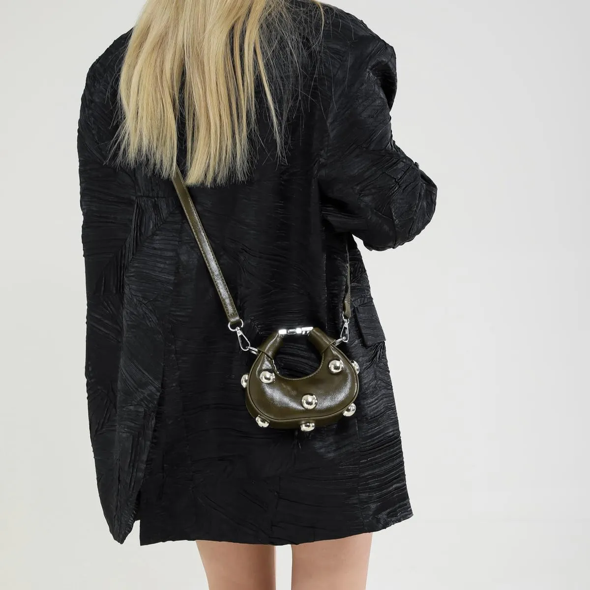 Crescent Bag Crossbody for Women,Studded Purse Mini Clutch Bag,Leather Moon Bag Y2k Shoulder Bag with Removable Strap