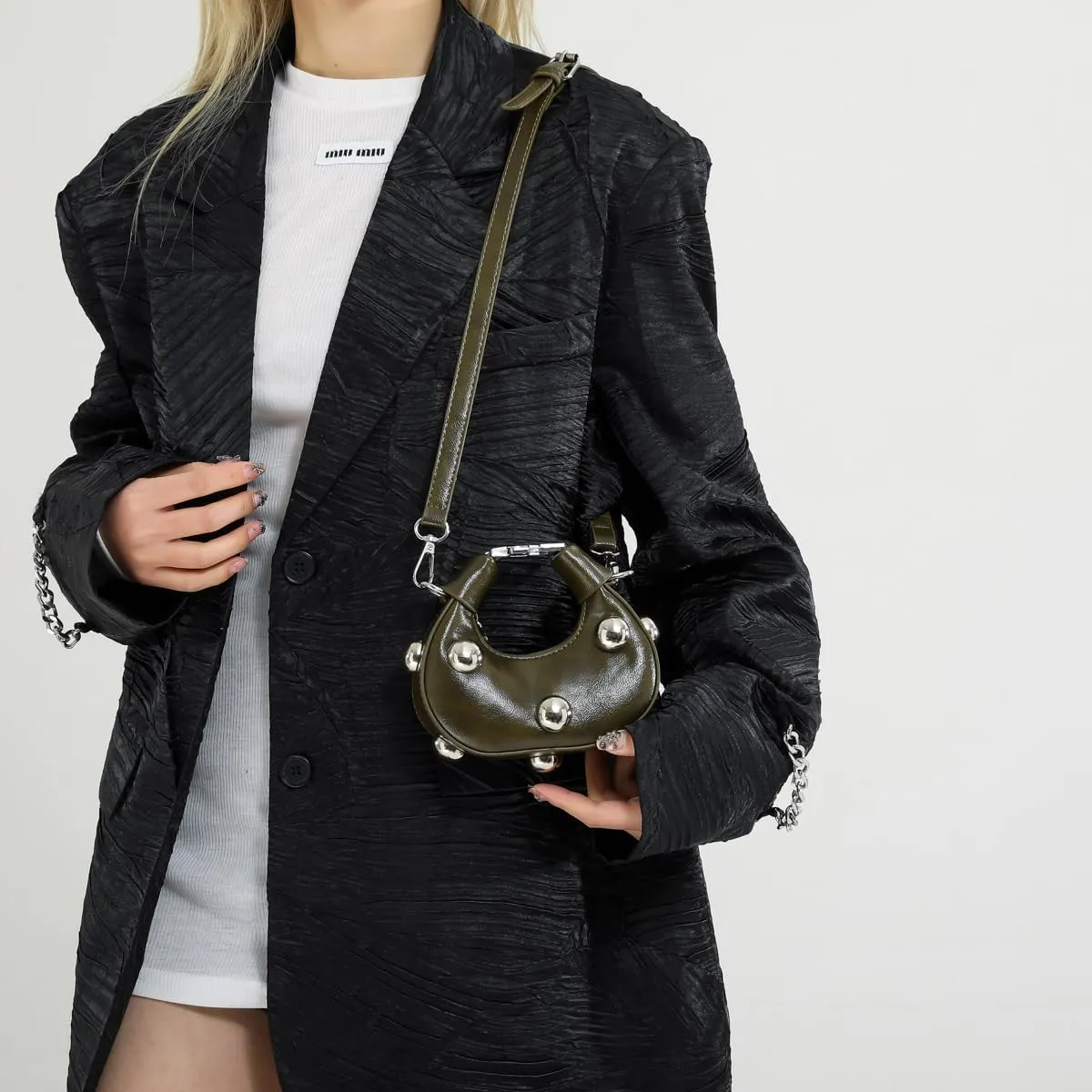 Crescent Bag Crossbody for Women,Studded Purse Mini Clutch Bag,Leather Moon Bag Y2k Shoulder Bag with Removable Strap