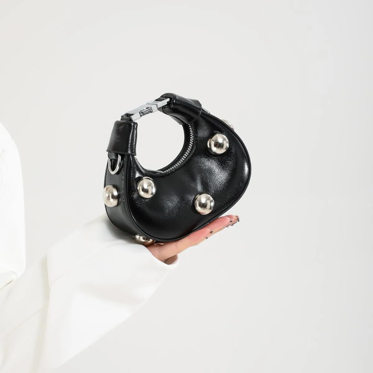 Crescent Bag Crossbody for Women,Studded Purse Mini Clutch Bag,Leather Moon Bag Y2k Shoulder Bag with Removable Strap