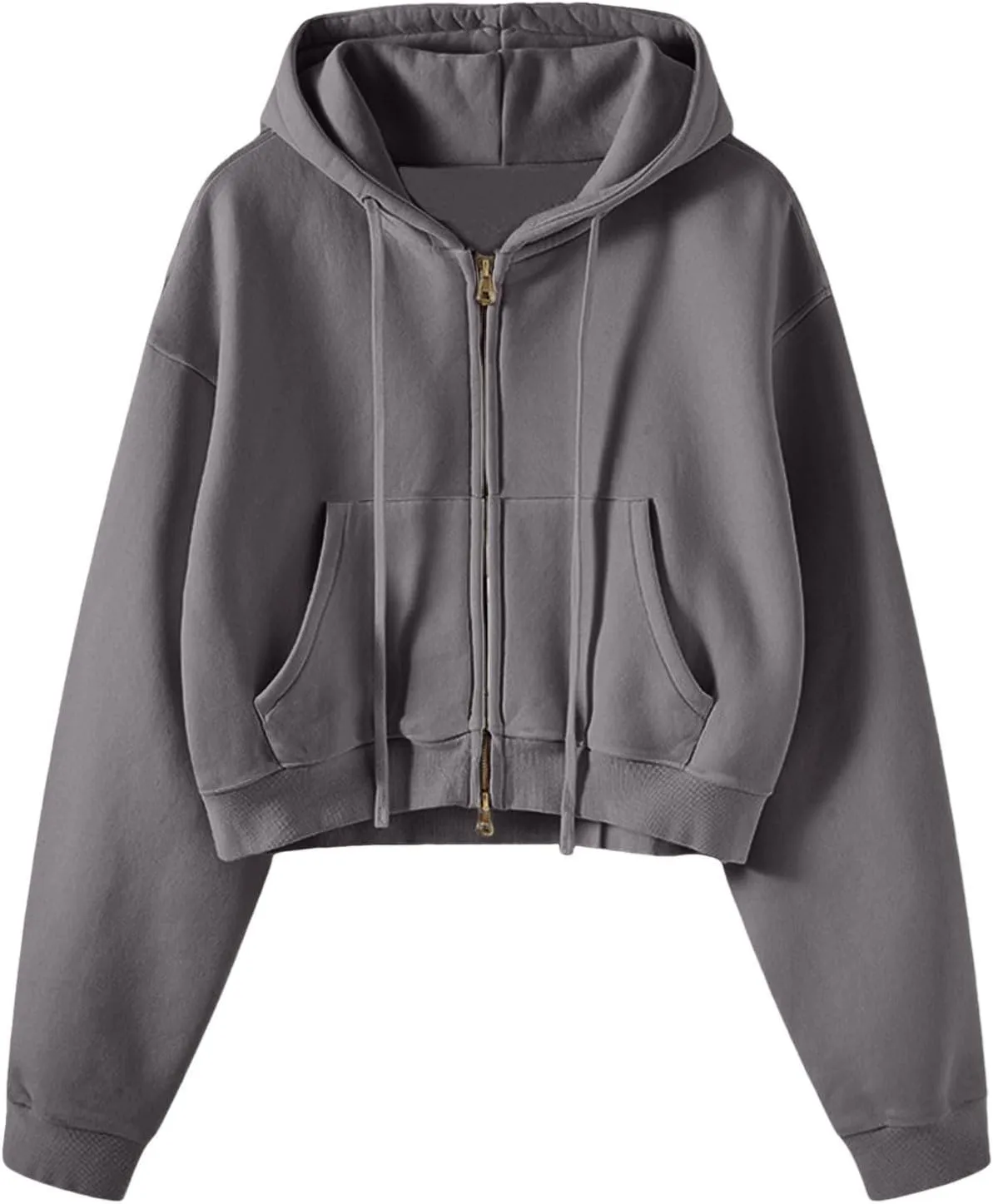 Cropped Zip Hoodie for Women Oversized Drawstring Jacket 2024 Fall Fashion Teens Long Sleeve Sweatshirt with Pocket