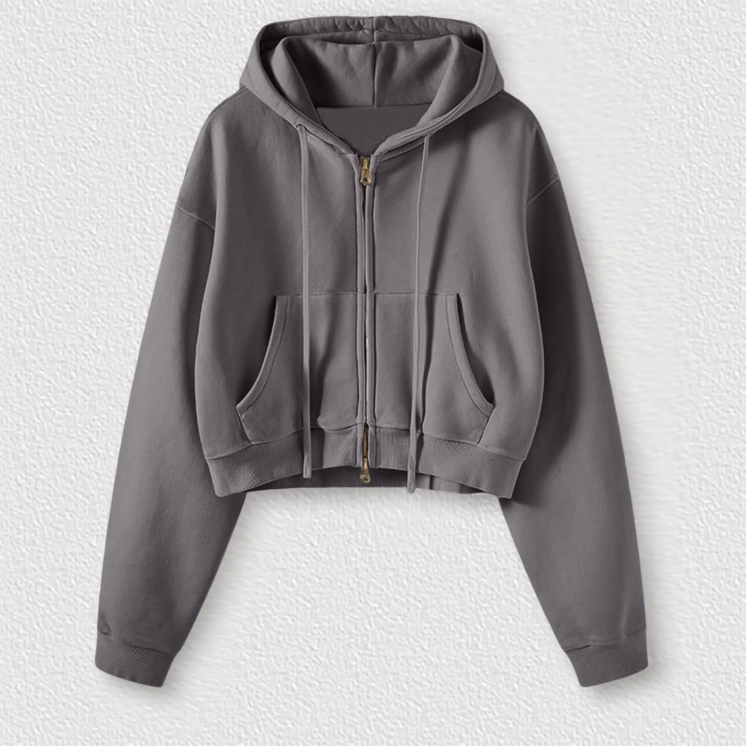 Cropped Zip Hoodie for Women Oversized Drawstring Jacket 2024 Fall Fashion Teens Long Sleeve Sweatshirt with Pocket