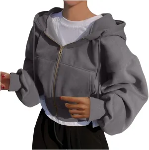 Cropped Zip Hoodie for Women Oversized Drawstring Jacket 2024 Fall Fashion Teens Long Sleeve Sweatshirt with Pocket