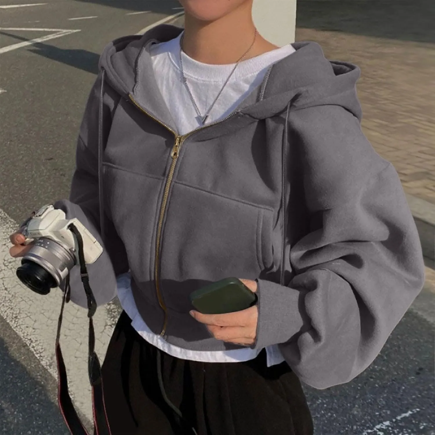 Cropped Zip Hoodie for Women Oversized Drawstring Jacket 2024 Fall Fashion Teens Long Sleeve Sweatshirt with Pocket