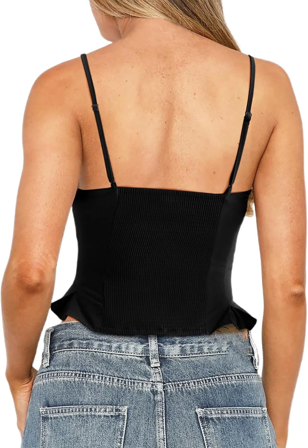 CSDAJIO Summer Square Neck Cami Adjustable Spaghetti Strap Fitted Tank Top Smocked Back Sleeveless Camisole Shirts