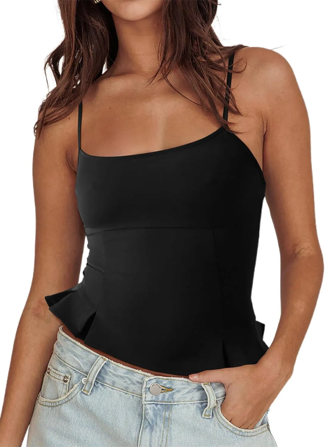 CSDAJIO Summer Square Neck Cami Adjustable Spaghetti Strap Fitted Tank Top Smocked Back Sleeveless Camisole Shirts