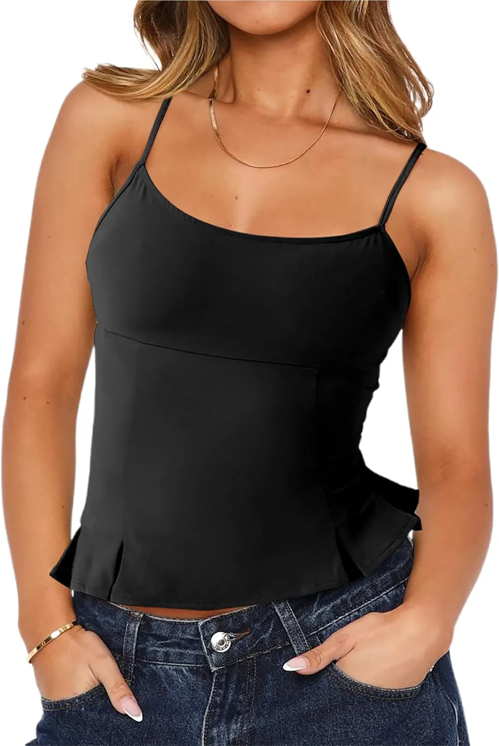 CSDAJIO Summer Square Neck Cami Adjustable Spaghetti Strap Fitted Tank Top Smocked Back Sleeveless Camisole Shirts