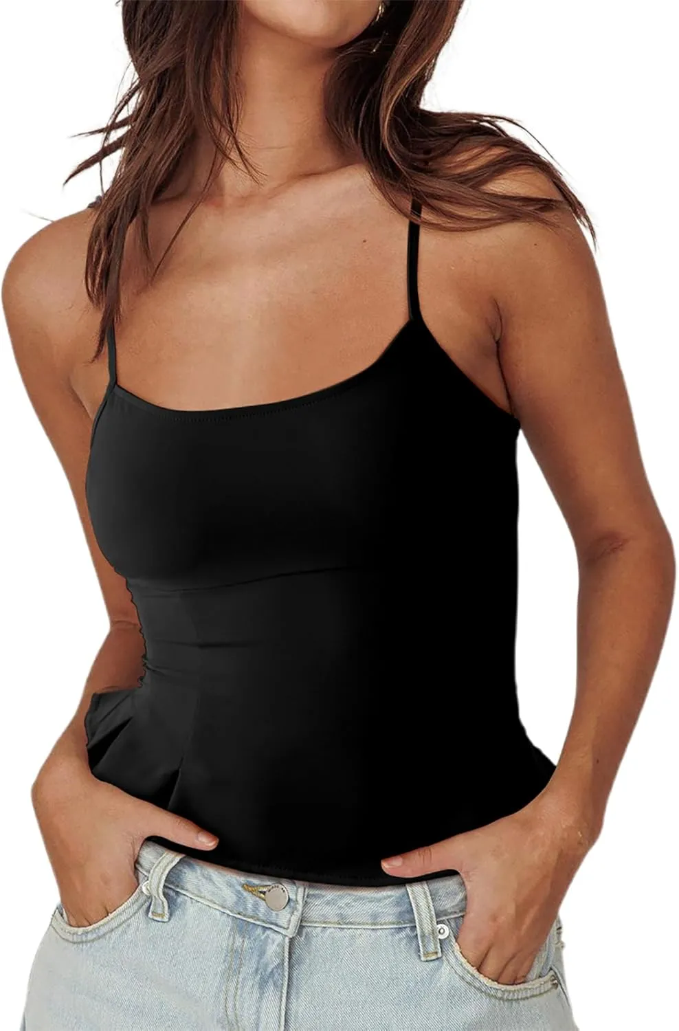 CSDAJIO Summer Square Neck Cami Adjustable Spaghetti Strap Fitted Tank Top Smocked Back Sleeveless Camisole Shirts