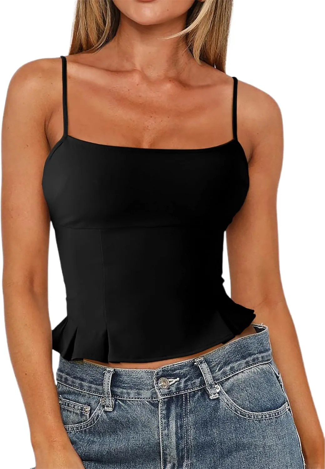 CSDAJIO Summer Square Neck Cami Adjustable Spaghetti Strap Fitted Tank Top Smocked Back Sleeveless Camisole Shirts