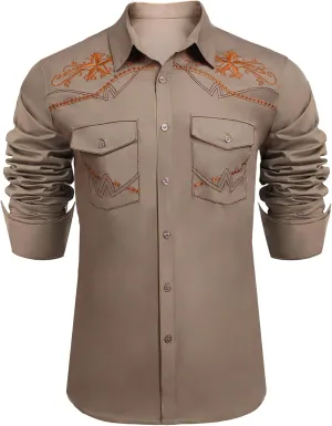 Daupanzees Men's Western Cowboy Shirts Long Sleeve Embroidered Shirts Slim Fit Casual Button Down Shirt with Pockets
