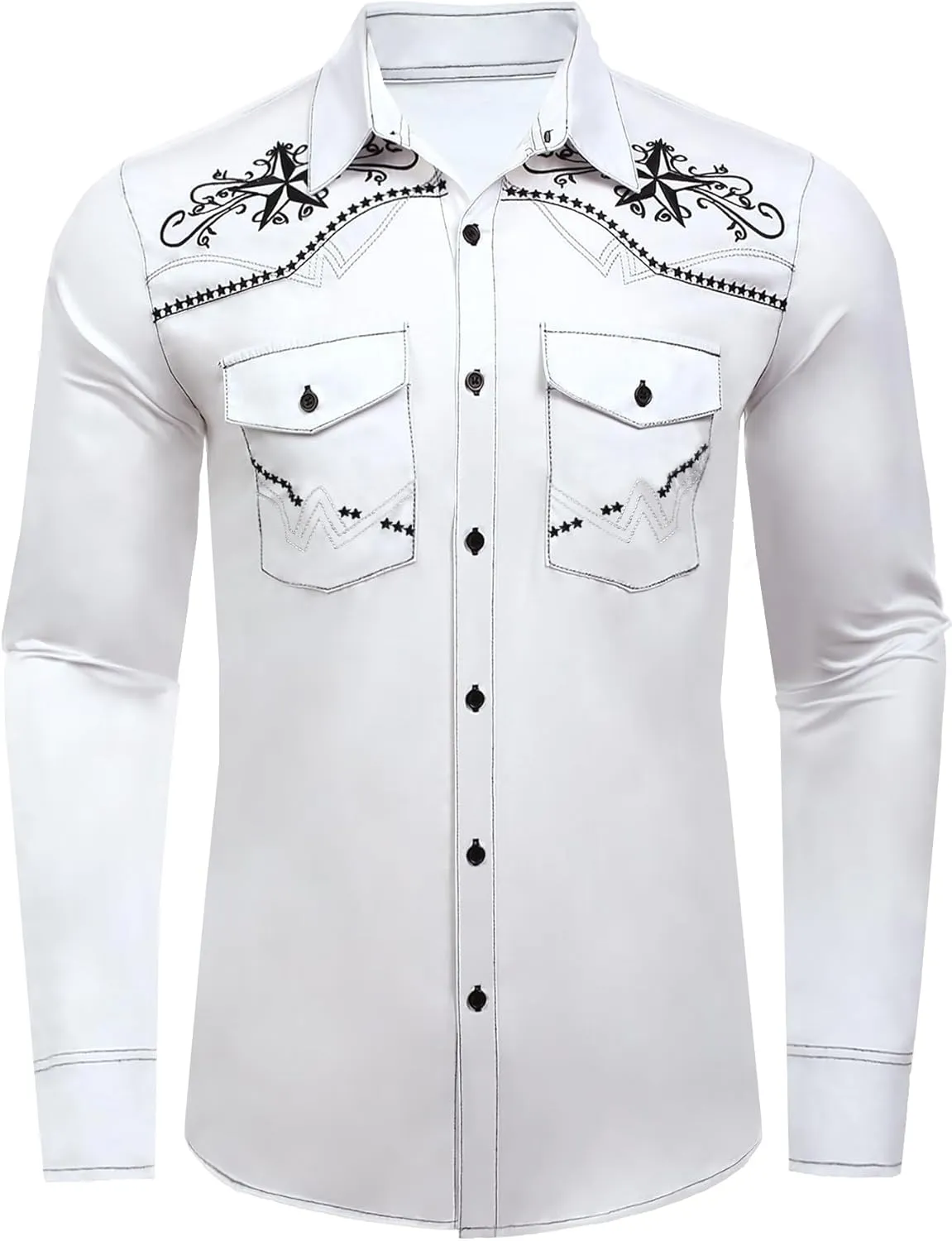 Daupanzees Men's Western Cowboy Shirts Long Sleeve Embroidered Shirts Slim Fit Casual Button Down Shirt with Pockets