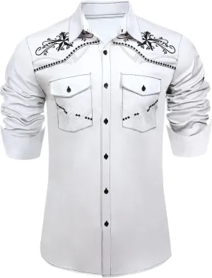 Daupanzees Men's Western Cowboy Shirts Long Sleeve Embroidered Shirts Slim Fit Casual Button Down Shirt with Pockets