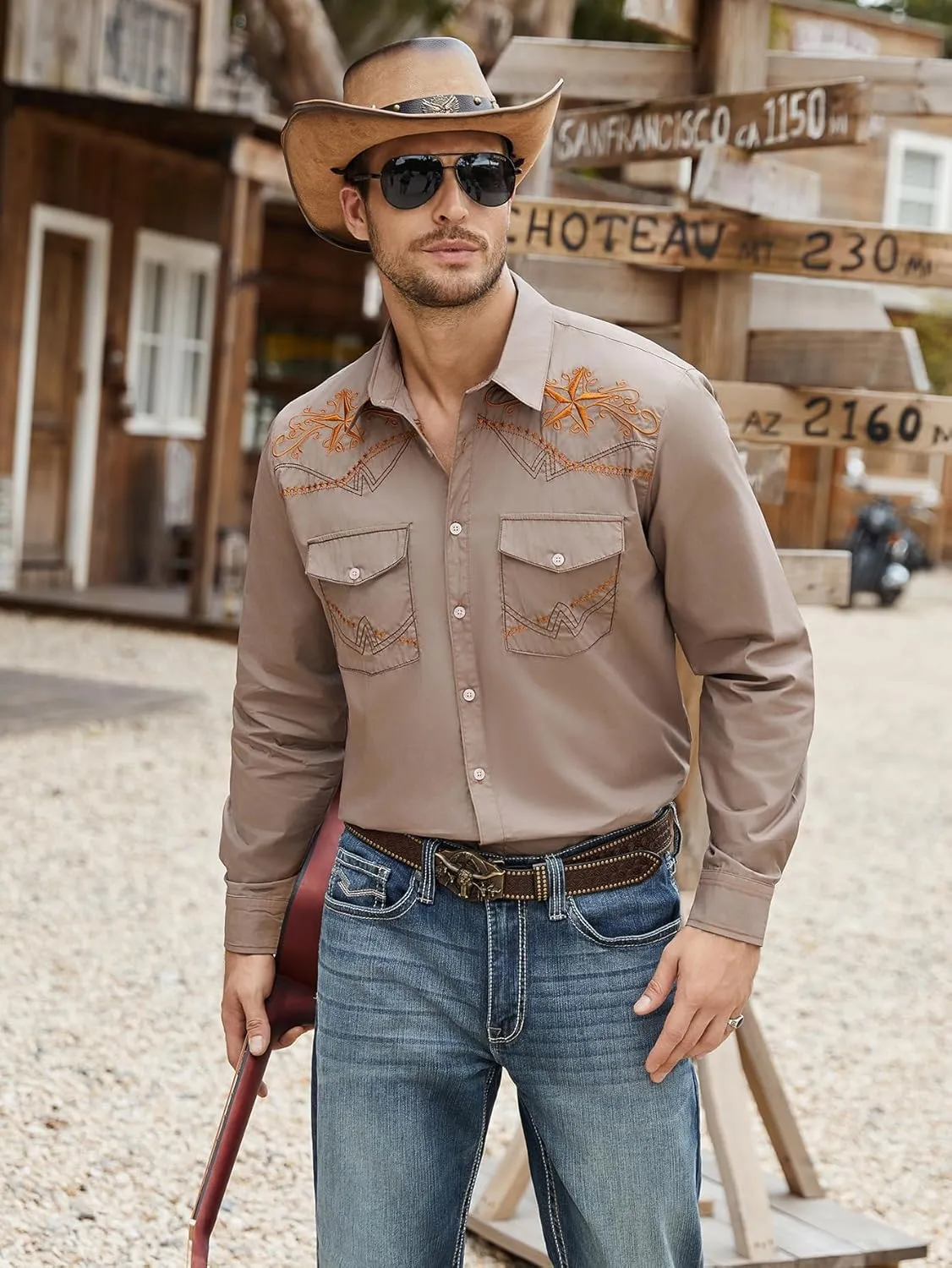 Daupanzees Men's Western Cowboy Shirts Long Sleeve Embroidered Shirts Slim Fit Casual Button Down Shirt with Pockets