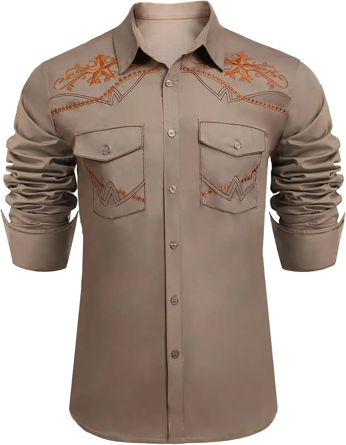 Daupanzees Men's Western Cowboy Shirts Long Sleeve Embroidered Shirts Slim Fit Casual Button Down Shirt with Pockets