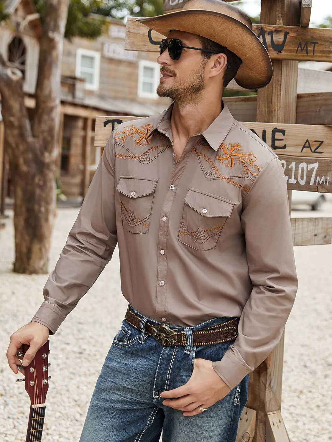 Daupanzees Men's Western Cowboy Shirts Long Sleeve Embroidered Shirts Slim Fit Casual Button Down Shirt with Pockets