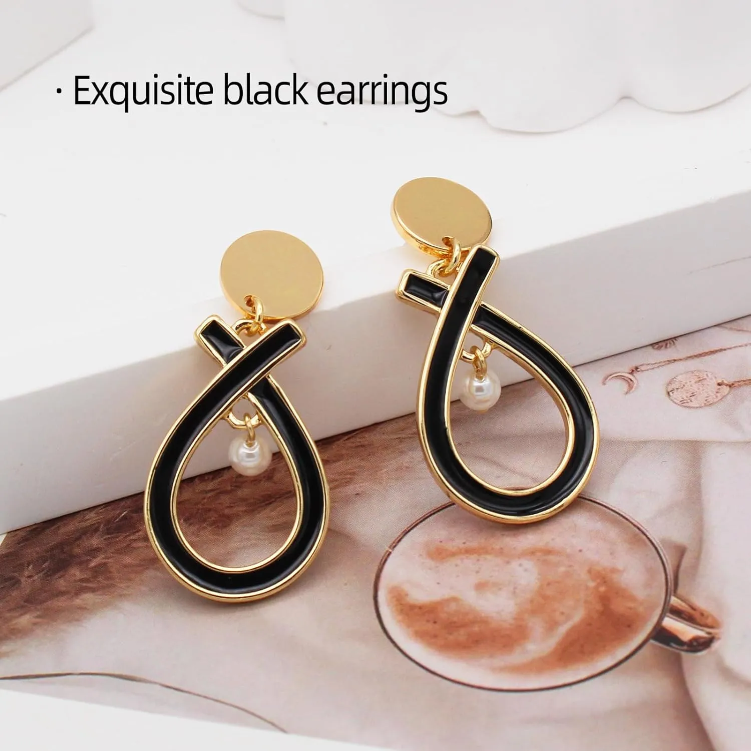DAZLIME Gold Earrings for Women,14K Crossed Ear Studs Handmade Fish Shaped Geometry Black Drop Earrings,Unique Pearl Dangle Earrings for Women,Bridal Prom Hypoallergenic Fashion Jewelry Gift