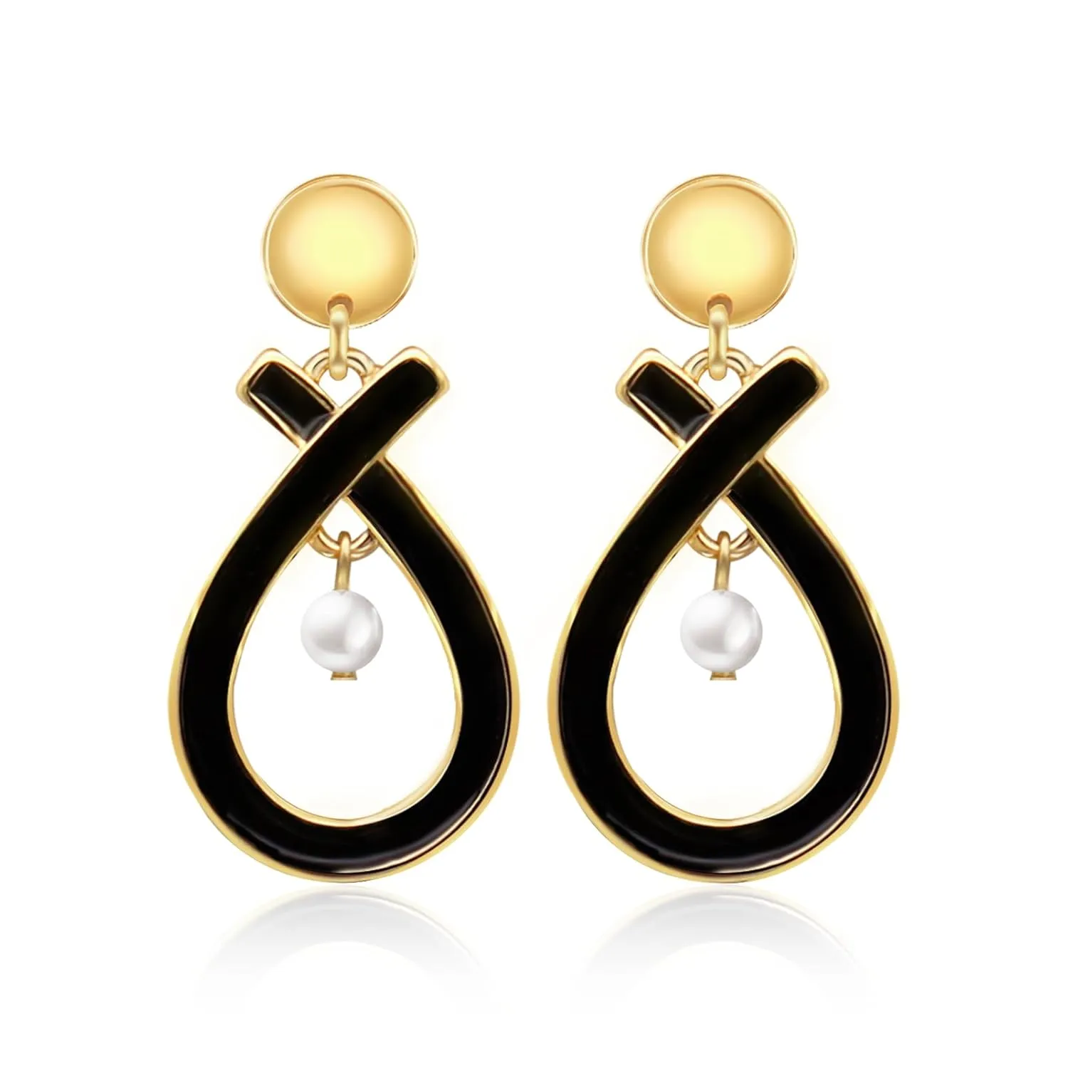 DAZLIME Gold Earrings for Women,14K Crossed Ear Studs Handmade Fish Shaped Geometry Black Drop Earrings,Unique Pearl Dangle Earrings for Women,Bridal Prom Hypoallergenic Fashion Jewelry Gift