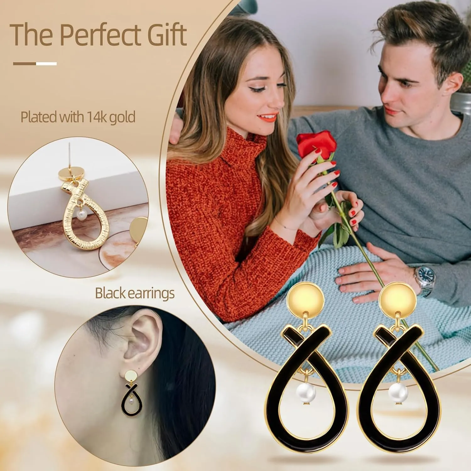 DAZLIME Gold Earrings for Women,14K Crossed Ear Studs Handmade Fish Shaped Geometry Black Drop Earrings,Unique Pearl Dangle Earrings for Women,Bridal Prom Hypoallergenic Fashion Jewelry Gift