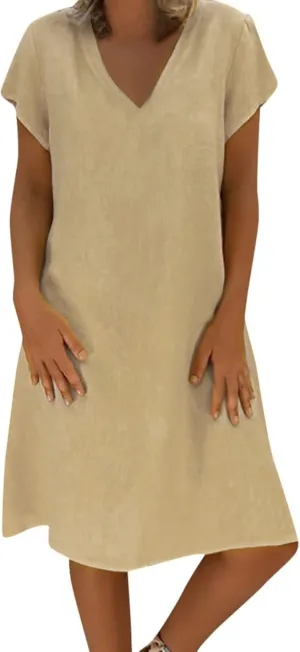 DDAPJ pyju Womens Linen Shirt Dress Plus Size Summer Casual Short Sleeve Beach Cover Up V Neck Mini Beach Sundresses