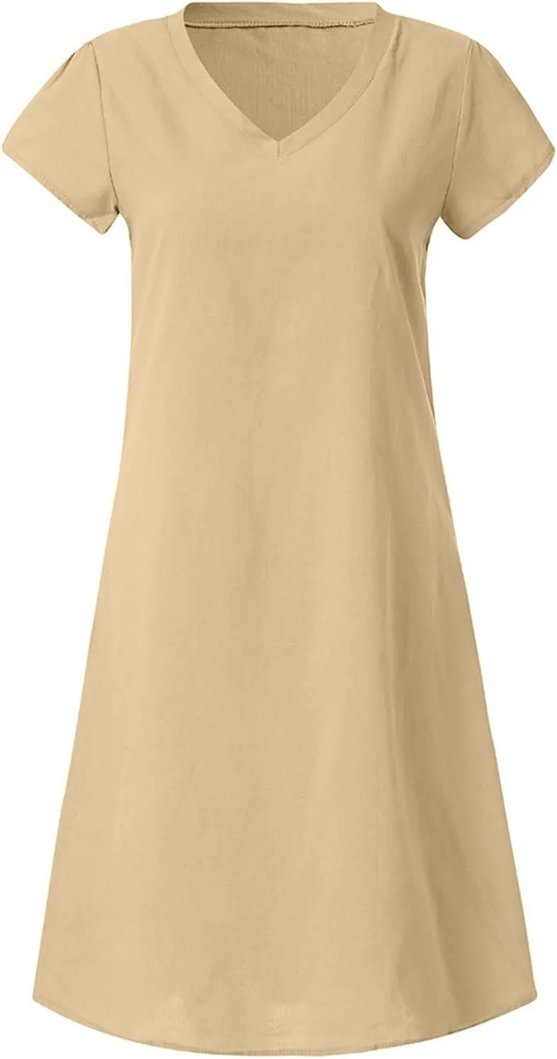 DDAPJ pyju Womens Linen Shirt Dress Plus Size Summer Casual Short Sleeve Beach Cover Up V Neck Mini Beach Sundresses