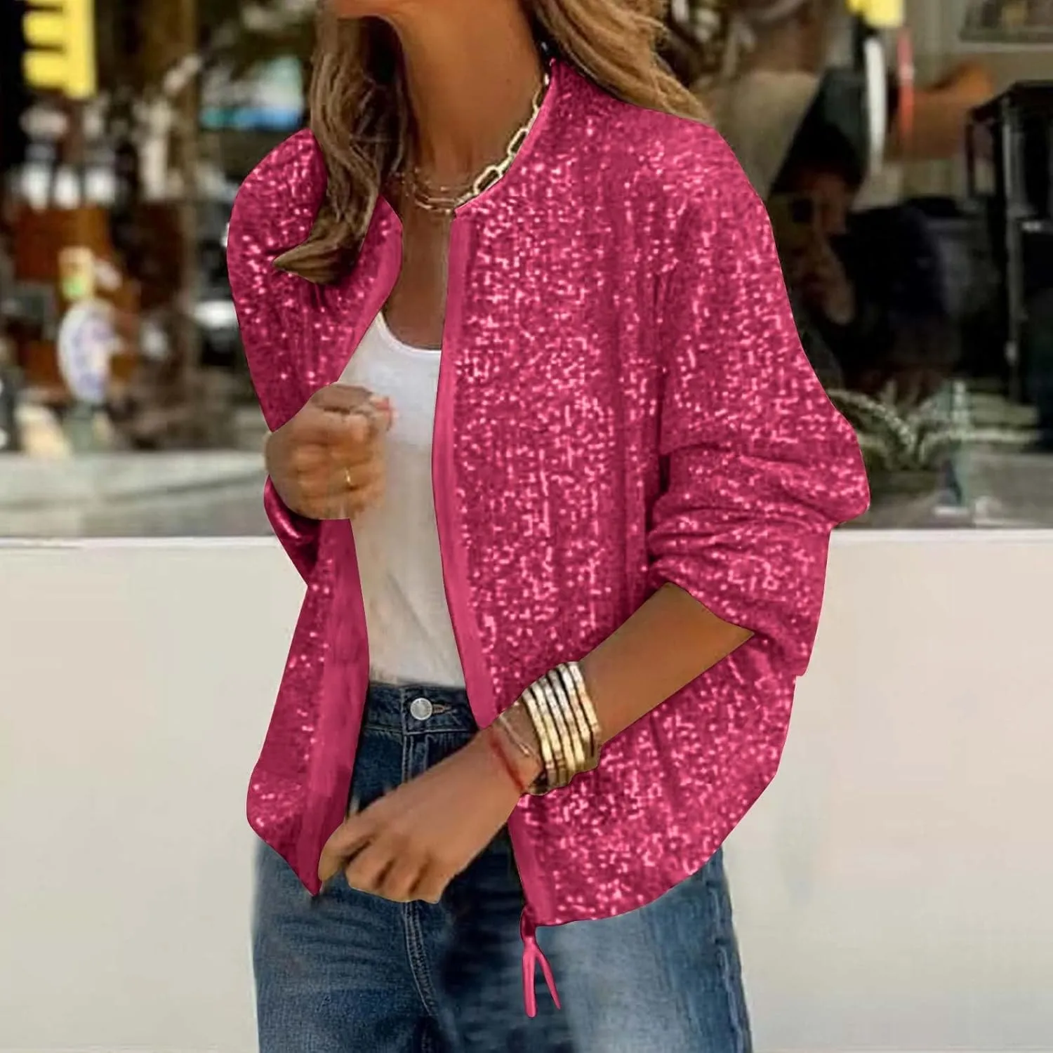 DDAPJ pyju Womens Sequin Jacket Shiny Glitter Sparkly Bomber Jackets Long Sleeve Zip Up Coats 2025 Fashion Party Clubwear