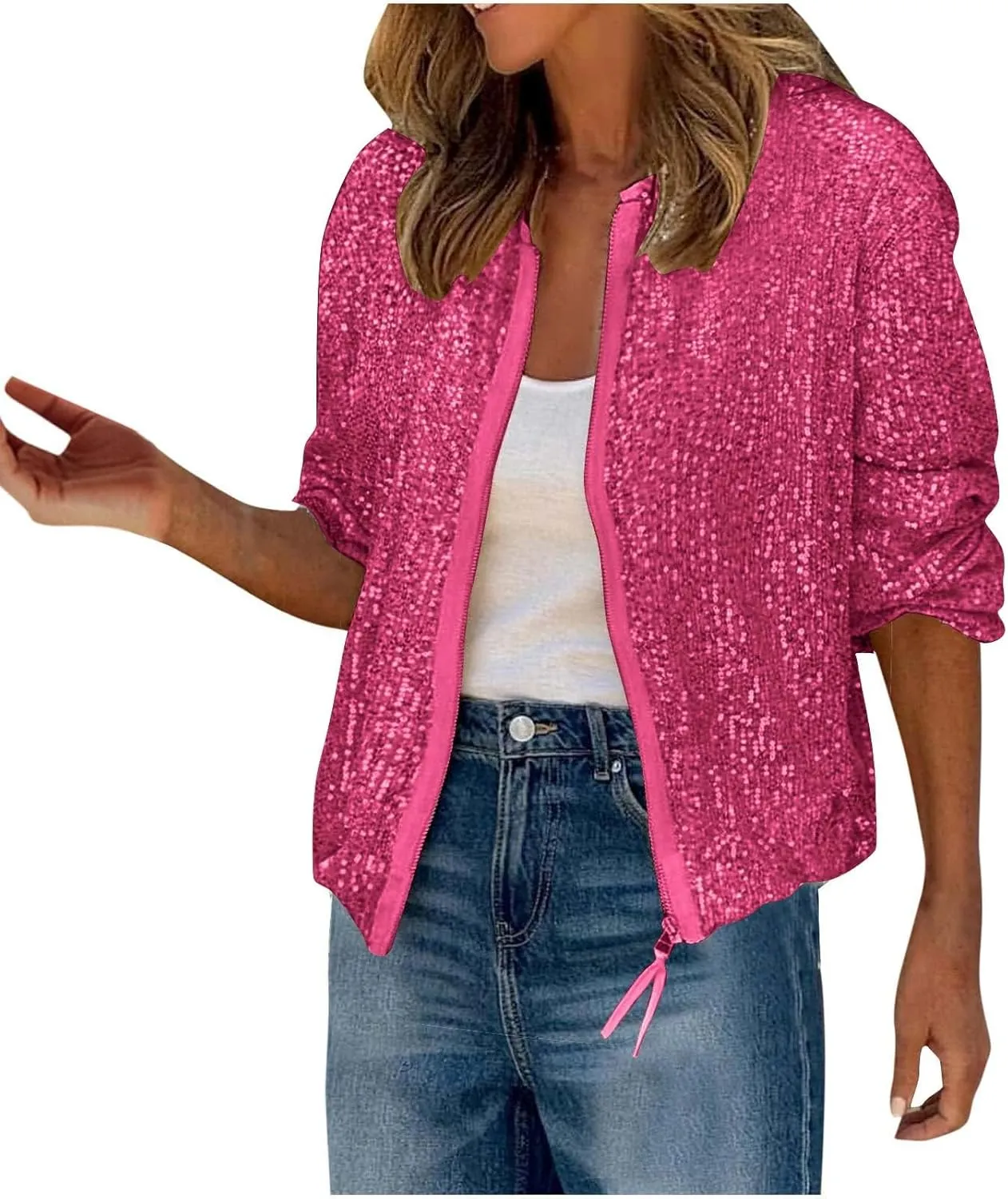 DDAPJ pyju Womens Sequin Jacket Shiny Glitter Sparkly Bomber Jackets Long Sleeve Zip Up Coats 2025 Fashion Party Clubwear